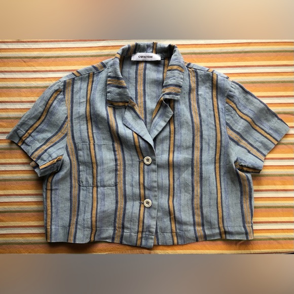 Caractere Striped Linen Button Up Cropped Made in Italy Blue Orange Small - Picture 3 of 10